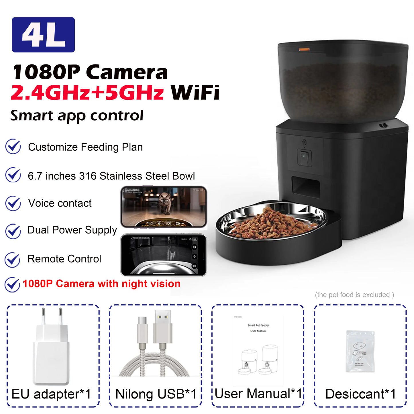 Smart Automatic Pet Feeder with 1080P HD Camera – 4L WiFi Food Dispenser for Cats & Dogs